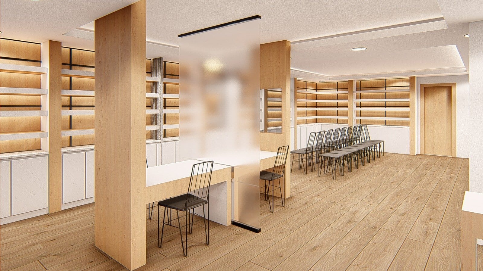 Architectural visualization of the clinic retail floor and display shelving