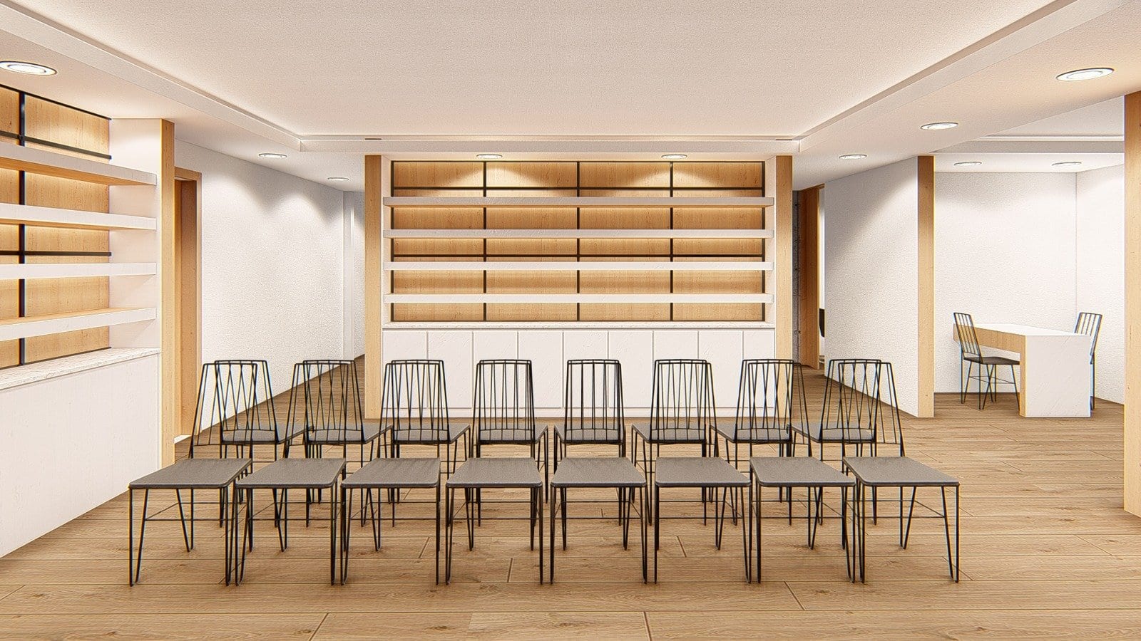 Architectural visualization of the clinic seating and display wall
