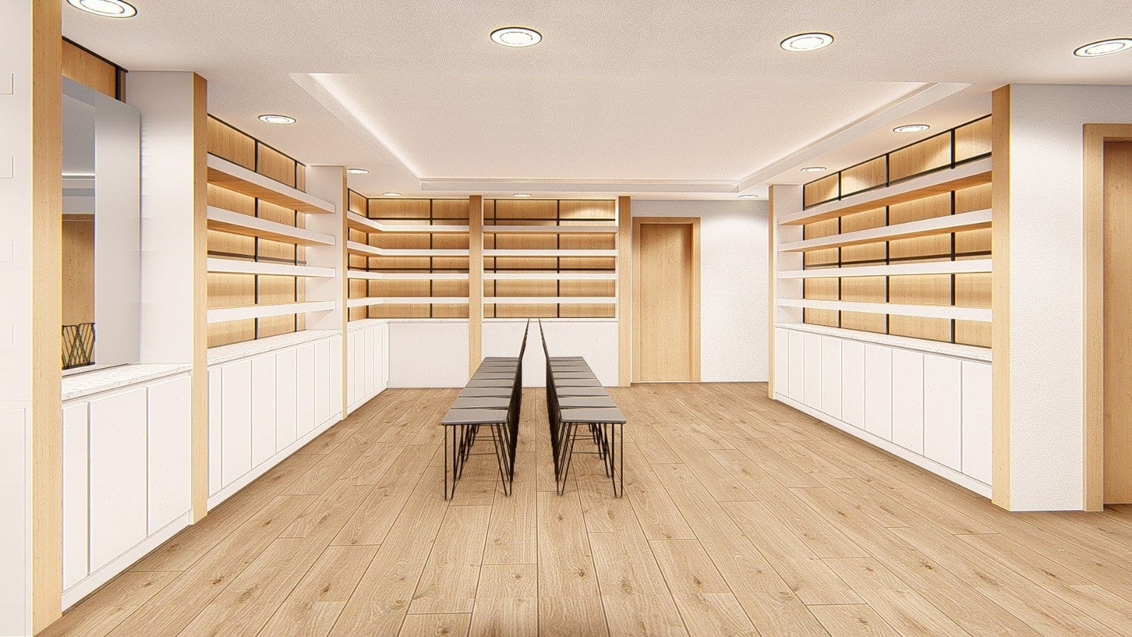 Architectural visualization of the clinic retail floor and shelving